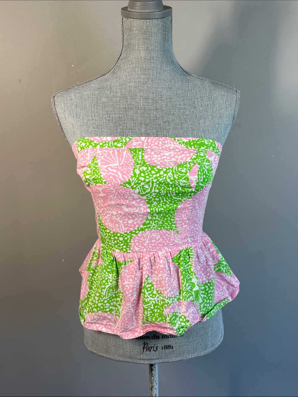 Lilly Pulitzer Women’s XS Peplum Tube Top Pink Green Tropical Print 100% Cotton